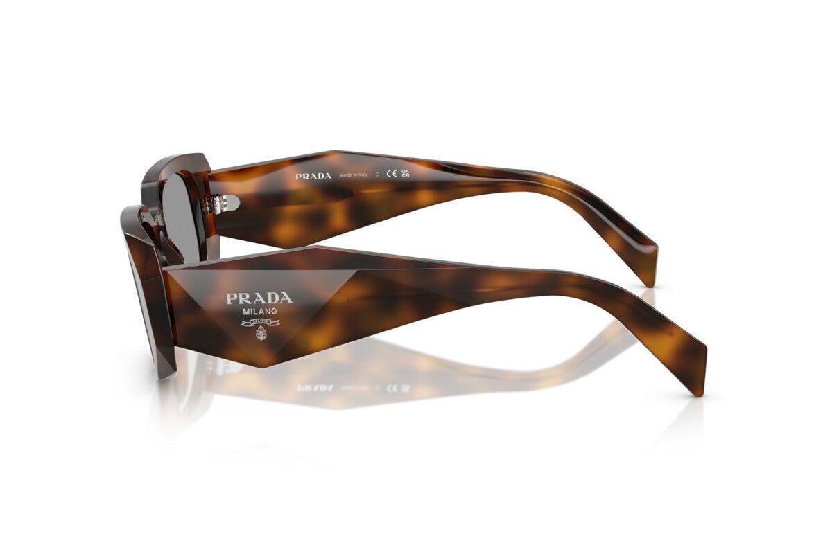 Prada PR 17WS 20D50Q rectangular sunglasses for women in full rim acetate, with havana frame, and grey lenses. 49mm in lens size, 20mm in bridge size, and 145mm in temple length.