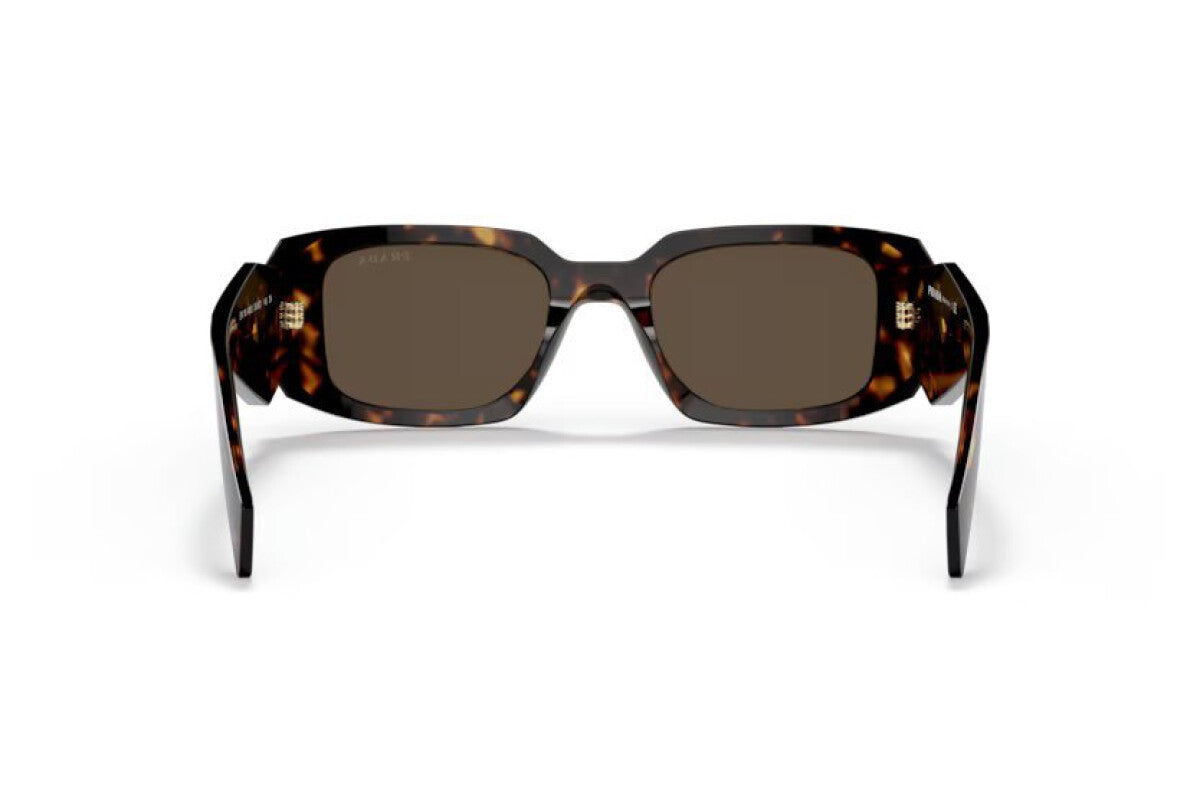 Prada PR 17WS 2AU8C1 rectangular sunglasses for women in full rim acetate, with dark havana frame, and brown lenses. 49mm in lens size, 20mm in bridge size, and 145mm in temple length.