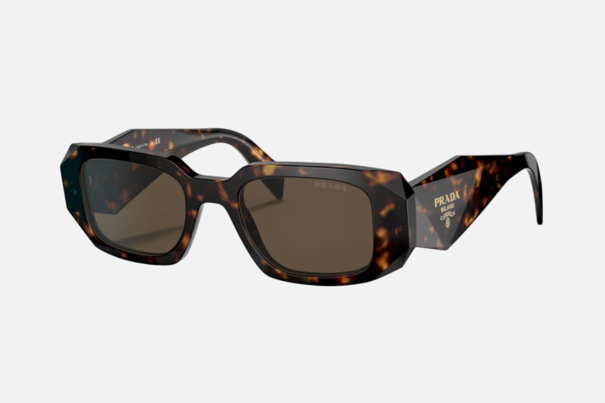 Prada PR 17WS 2AU8C1 rectangular sunglasses for women in full rim acetate, with dark havana frame, and brown lenses. 49mm in lens size, 20mm in bridge size, and 145mm in temple length.