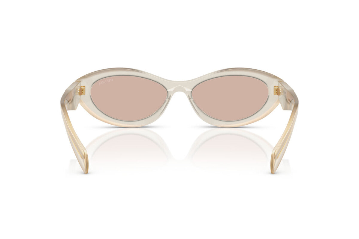 Prada PR 26ZS 12V4I2 oval sunglasses for women in full rim acetate, with opal milk frame, and light brown lenses. 55mm in lens size, 16mm in bridge size, and 145mm in temple length.