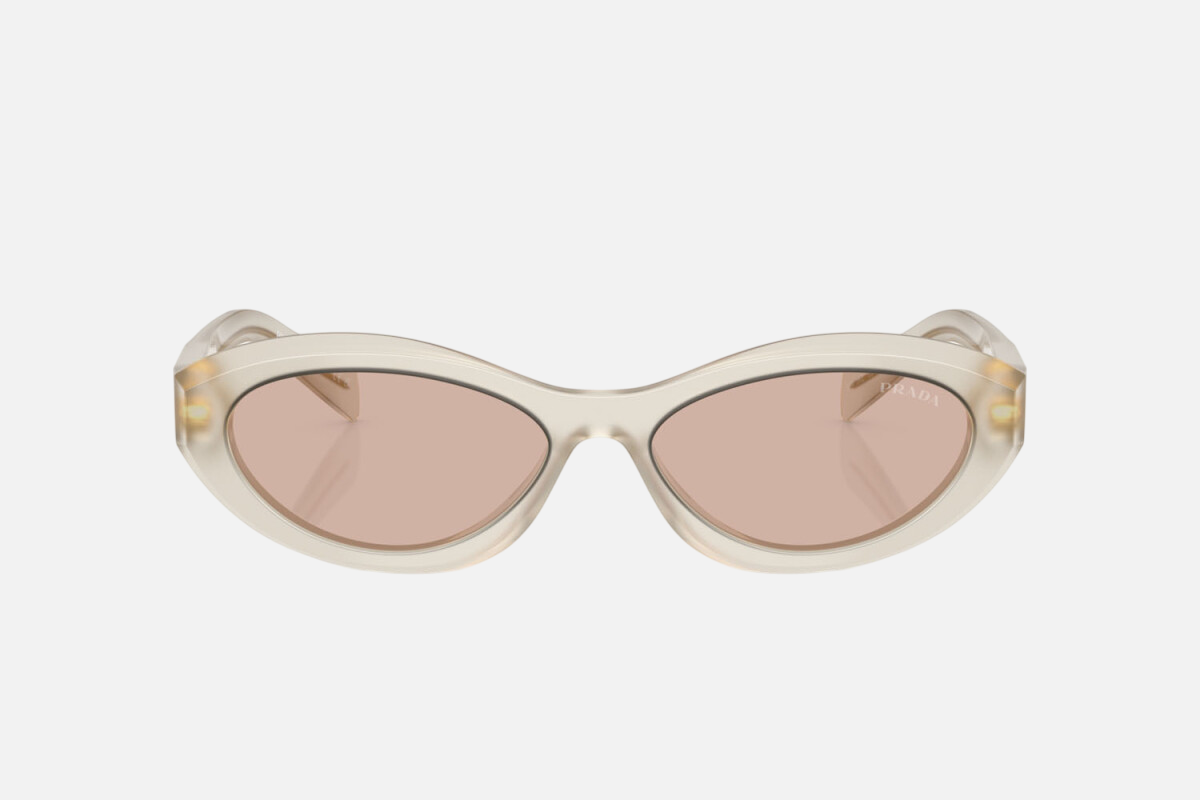 Prada PR 26ZS 12V4I2 oval sunglasses for women in full rim acetate, with opal milk frame, and light brown lenses. 55mm in lens size, 16mm in bridge size, and 145mm in temple length.