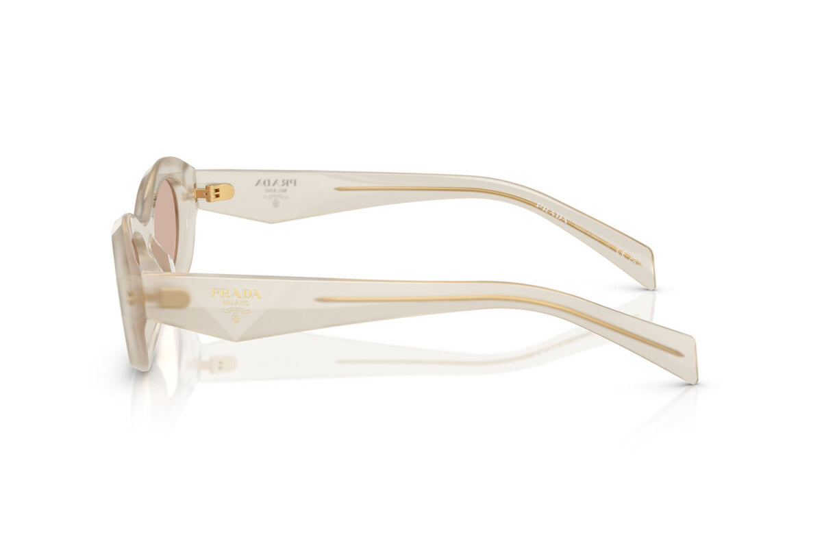 Prada PR 26ZS 12V4I2 oval sunglasses for women in full rim acetate, with opal milk frame, and light brown lenses. 55mm in lens size, 16mm in bridge size, and 145mm in temple length.