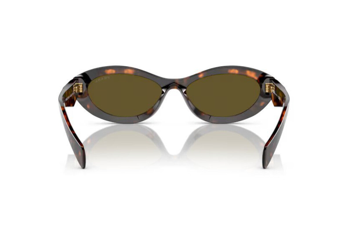 Prada PR 26ZS 14L09Z oval sunglasses for women in full rim acetate, with havana frame, and dark brown lenses. 55mm in lens size, 16mm in bridge size, and 145mm in temple length.