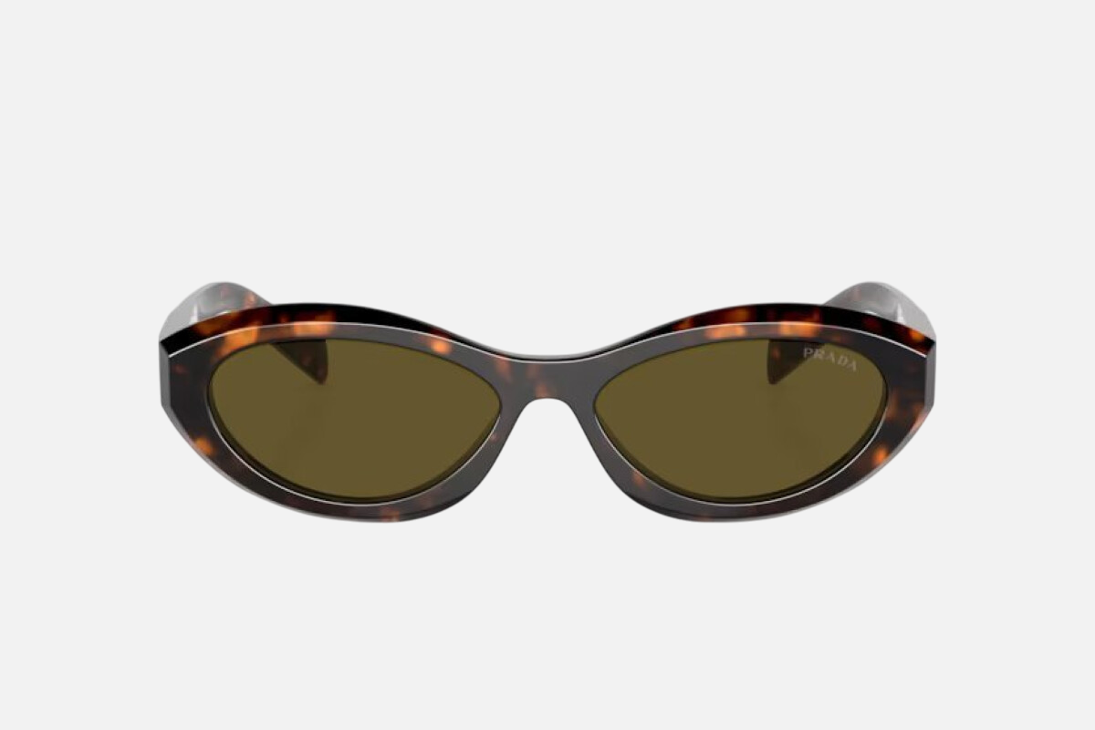 Prada PR 26ZS 14L09Z oval sunglasses for women in full rim acetate, with havana frame, and dark brown lenses. 55mm in lens size, 16mm in bridge size, and 145mm in temple length.