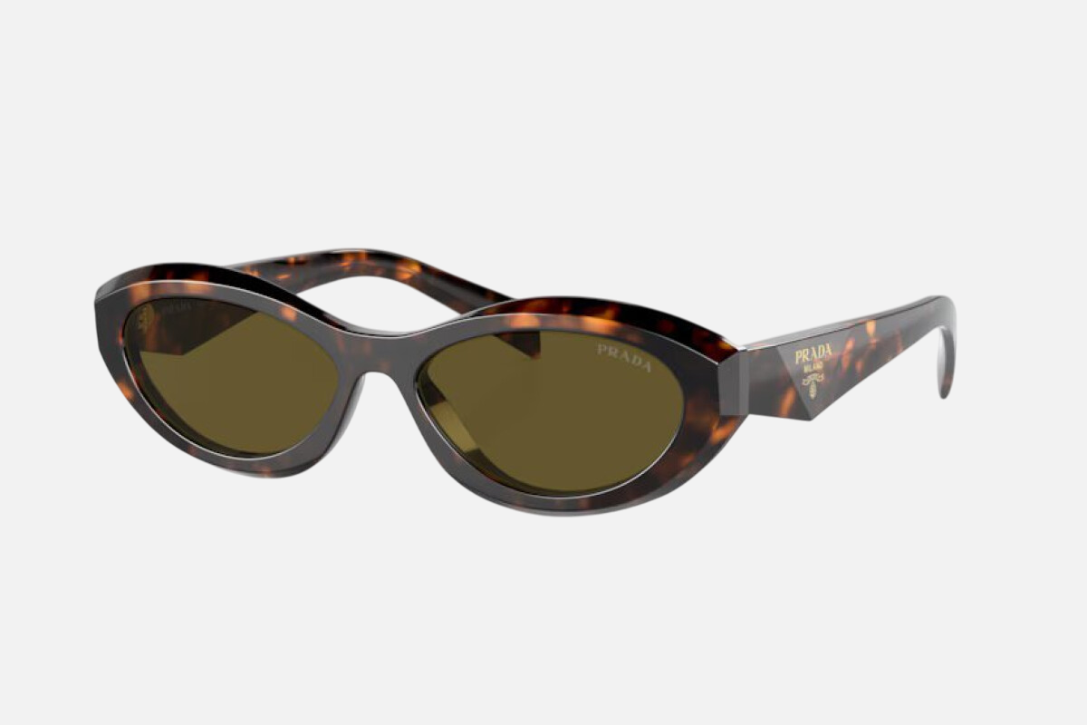Prada PR 26ZS 14L09Z oval sunglasses for women in full rim acetate, with havana frame, and dark brown lenses. 55mm in lens size, 16mm in bridge size, and 145mm in temple length.