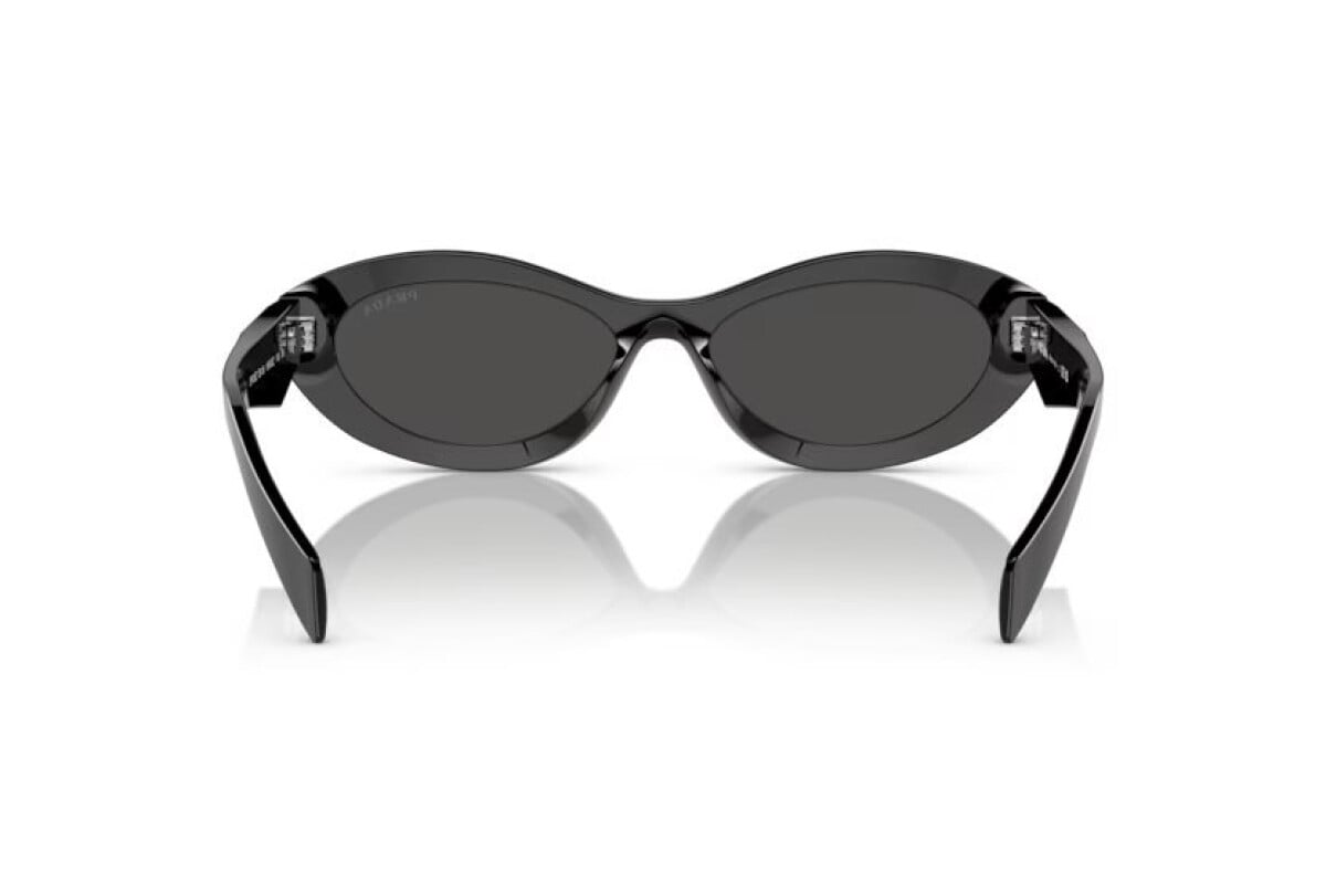 Prada PR 26ZS 16K08Z oval sunglasses for women in full rim acetate, with black frame, and dark grey lenses. 55mm in lens size, 16mm in bridge size, and 145mm in temple length.