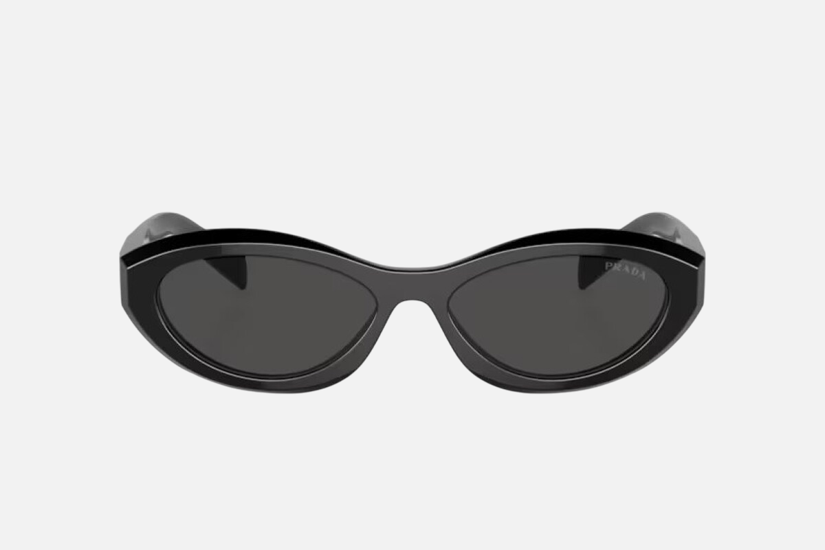 Prada PR 26ZS 16K08Z oval sunglasses for women in full rim acetate, with black frame, and dark grey lenses. 55mm in lens size, 16mm in bridge size, and 145mm in temple length.