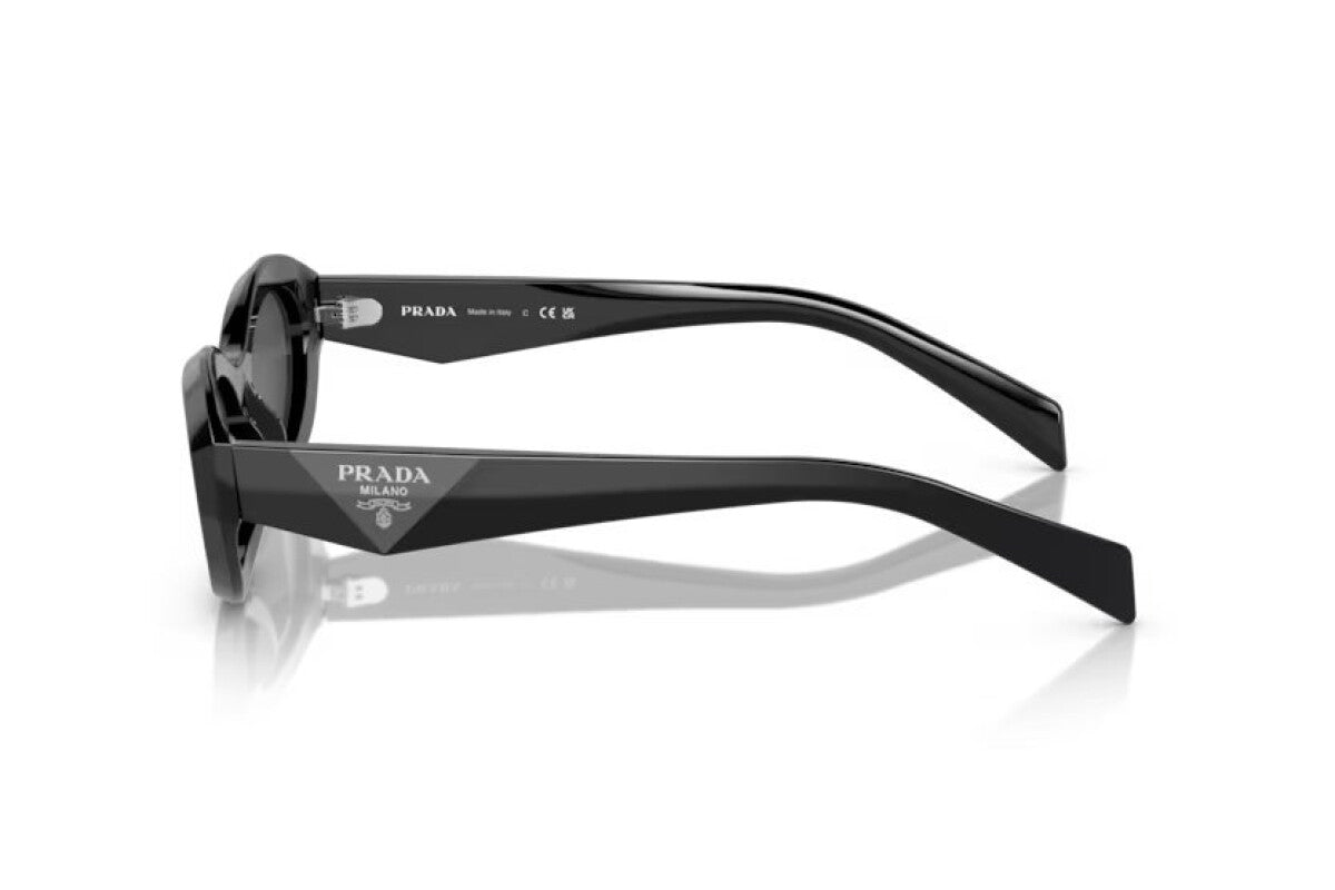 Prada PR 26ZS 16K08Z oval sunglasses for women in full rim acetate, with black frame, and dark grey lenses. 55mm in lens size, 16mm in bridge size, and 145mm in temple length.