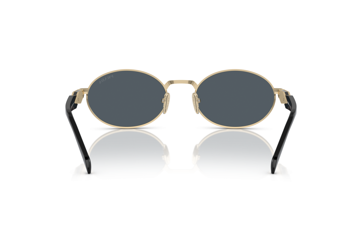Prada PR 65ZS ZVN09T oval sunglasses for women in full rim metal, with pale gold frame, and dark grey lenses. 55mm in lens size, 20mm in bridge size, and 140mm in temple length.