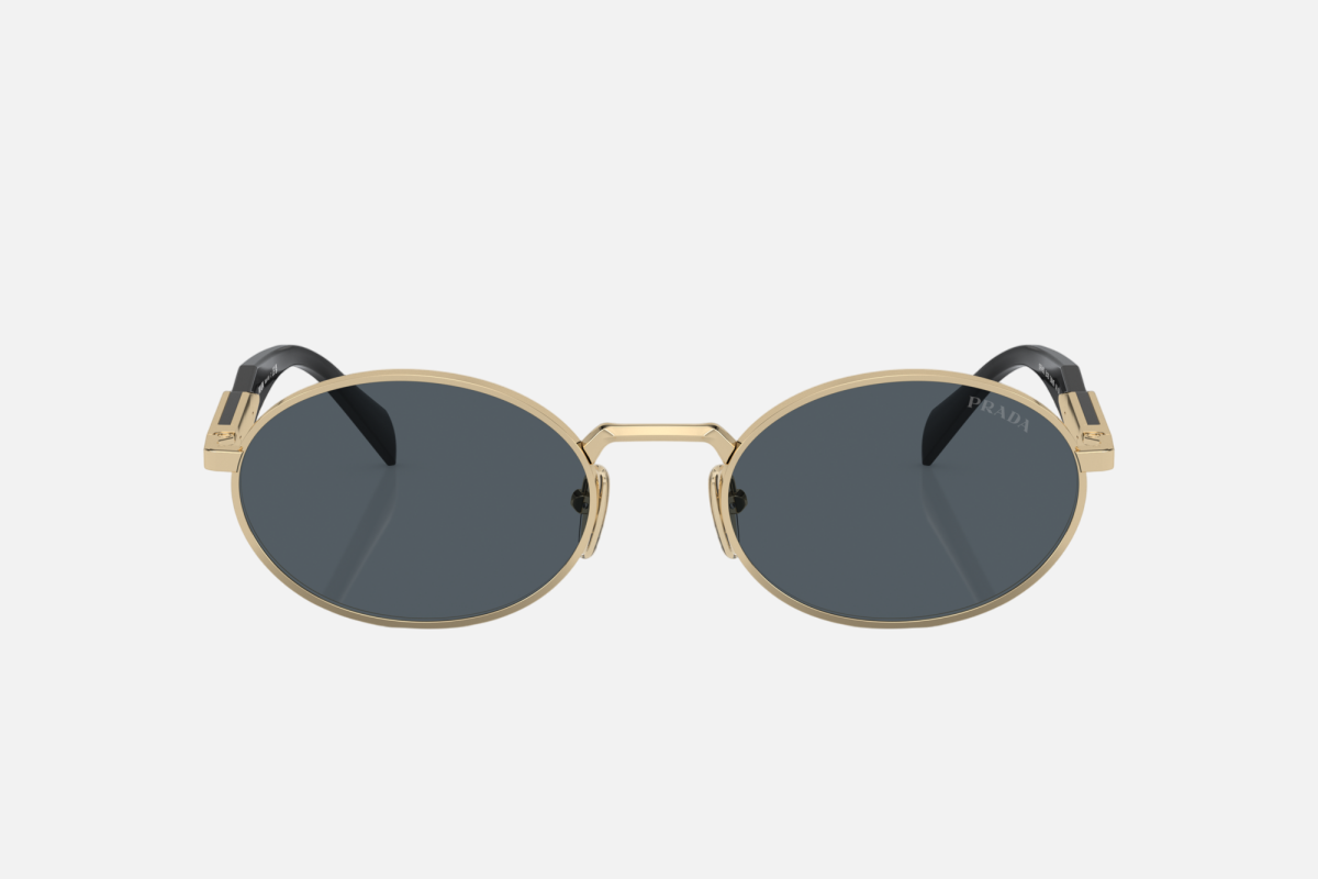 Prada PR 65ZS ZVN09T oval sunglasses for women in full rim metal, with pale gold frame, and dark grey lenses. 55mm in lens size, 20mm in bridge size, and 140mm in temple length.