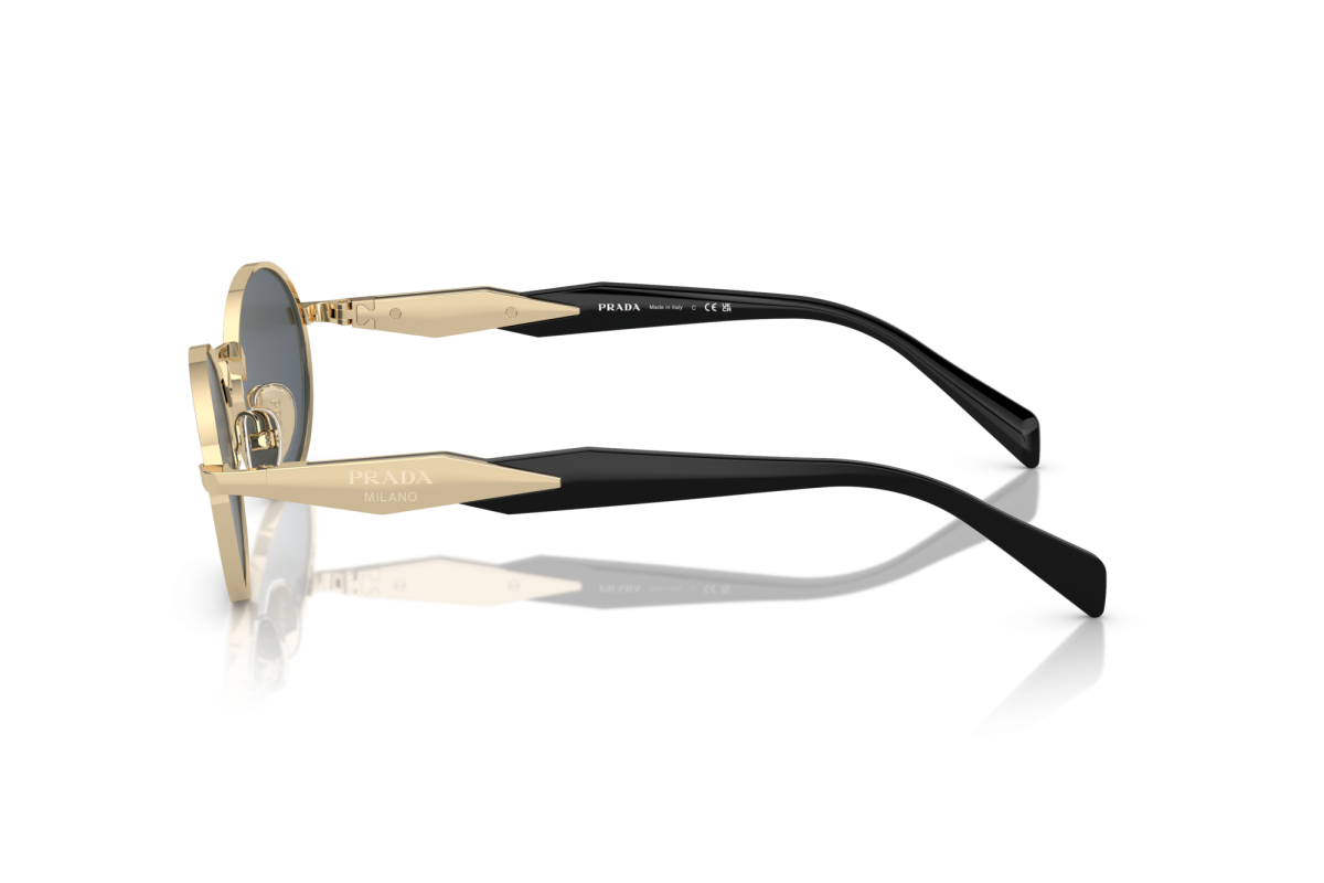 Prada PR 65ZS ZVN09T oval sunglasses for women in full rim metal, with pale gold frame, and dark grey lenses. 55mm in lens size, 20mm in bridge size, and 140mm in temple length.