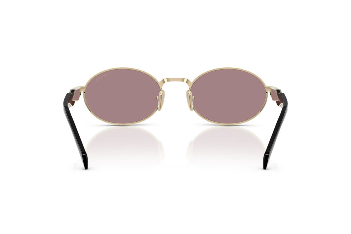 Prada PR 65ZS ZVN20I oval sunglasses for women in full rim metal, with pale gold frame, and light purple lenses. 55mm in lens size, 20mm in bridge size, and 140mm in temple length.