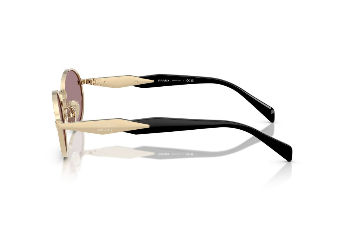 Prada PR 65ZS ZVN20I oval sunglasses for women in full rim metal, with pale gold frame, and light purple lenses. 55mm in lens size, 20mm in bridge size, and 140mm in temple length.