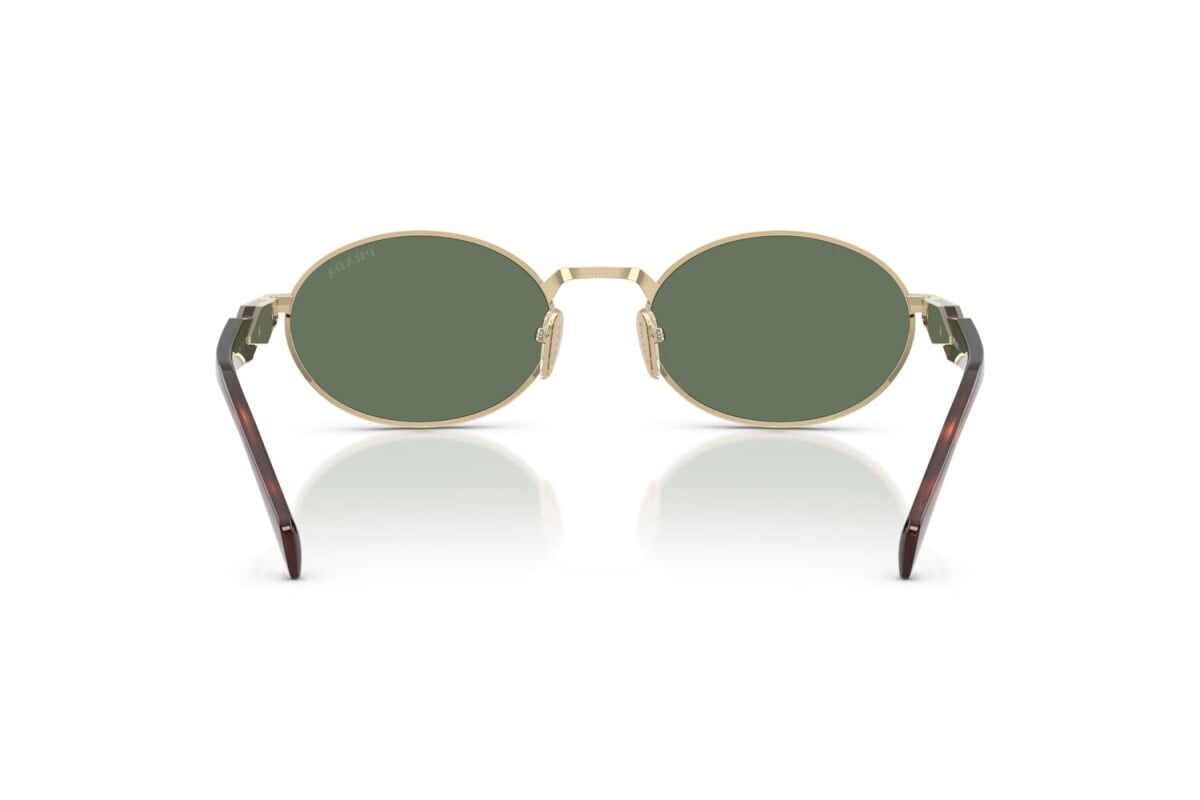Prada PR 65ZS ZVN70L oval sunglasses for women in full rim metal, with pale gold frame, and dark green lenses. 55mm in lens size, 20mm in bridge size, and 140mm in temple length.