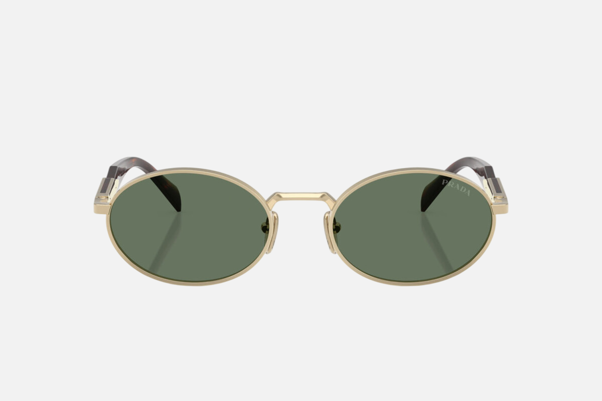 Prada PR 65ZS ZVN70L oval sunglasses for women in full rim metal, with pale gold frame, and dark green lenses. 55mm in lens size, 20mm in bridge size, and 140mm in temple length.