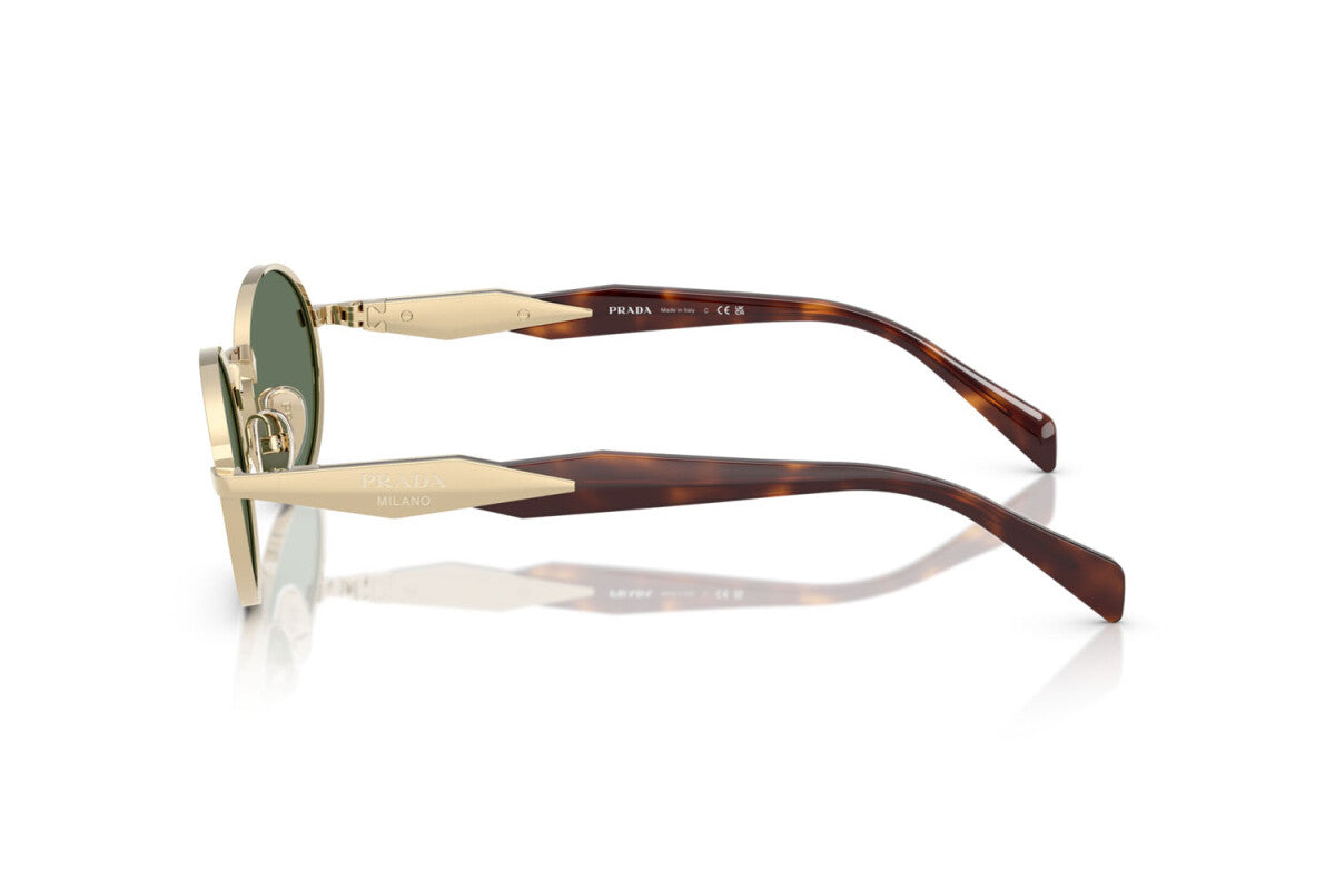 Prada PR 65ZS ZVN70L oval sunglasses for women in full rim metal, with pale gold frame, and dark green lenses. 55mm in lens size, 20mm in bridge size, and 140mm in temple length.