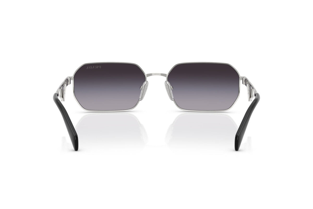 Prada PR A51S 1BC90A irregular sunglasses for women in full rim metal, with silver frame, and grey gradient lenses. 58mm in lens size, 17mm in bridge size, and 140mm in temple length.