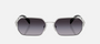 Prada PR A51S 1BC90A irregular sunglasses for women in full rim metal, with silver frame, and grey gradient lenses. 58mm in lens size, 17mm in bridge size, and 140mm in temple length.