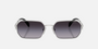 Prada PR A51S 1BC90A irregular sunglasses for women in full rim metal, with silver frame, and grey gradient lenses. 58mm in lens size, 17mm in bridge size, and 140mm in temple length.