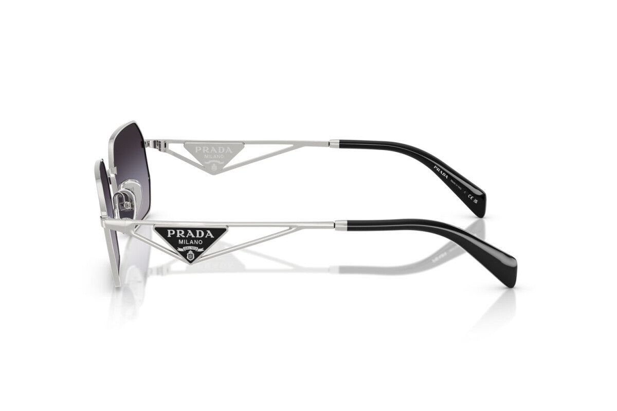 Prada PR A51S 1BC90A irregular sunglasses for women in full rim metal, with silver frame, and grey gradient lenses. 58mm in lens size, 17mm in bridge size, and 140mm in temple length.