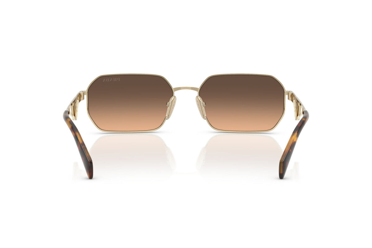 Prada PR A51S ZVN50C irregular sunglasses for women in full rim metal, with pale gold frame, and brown with grey gradient lenses. 58mm in lens size, 17mm in bridge size, and 140mm in temple length.