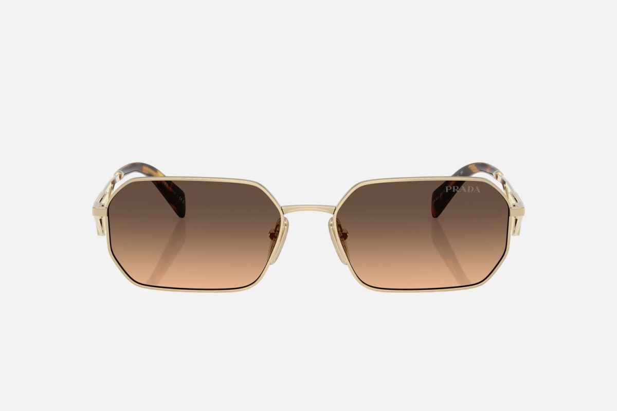 Prada PR A51S ZVN50C irregular sunglasses for women in full rim metal, with pale gold frame, and brown with grey gradient lenses. 58mm in lens size, 17mm in bridge size, and 140mm in temple length.