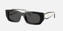 Prada PR B05S 09Q08Z pillow sunglasses for women in full rim acetate, with black frame, and dark grey lenses. 53mm in lens size, 19mm in bridge size, and 140mm in temple length.