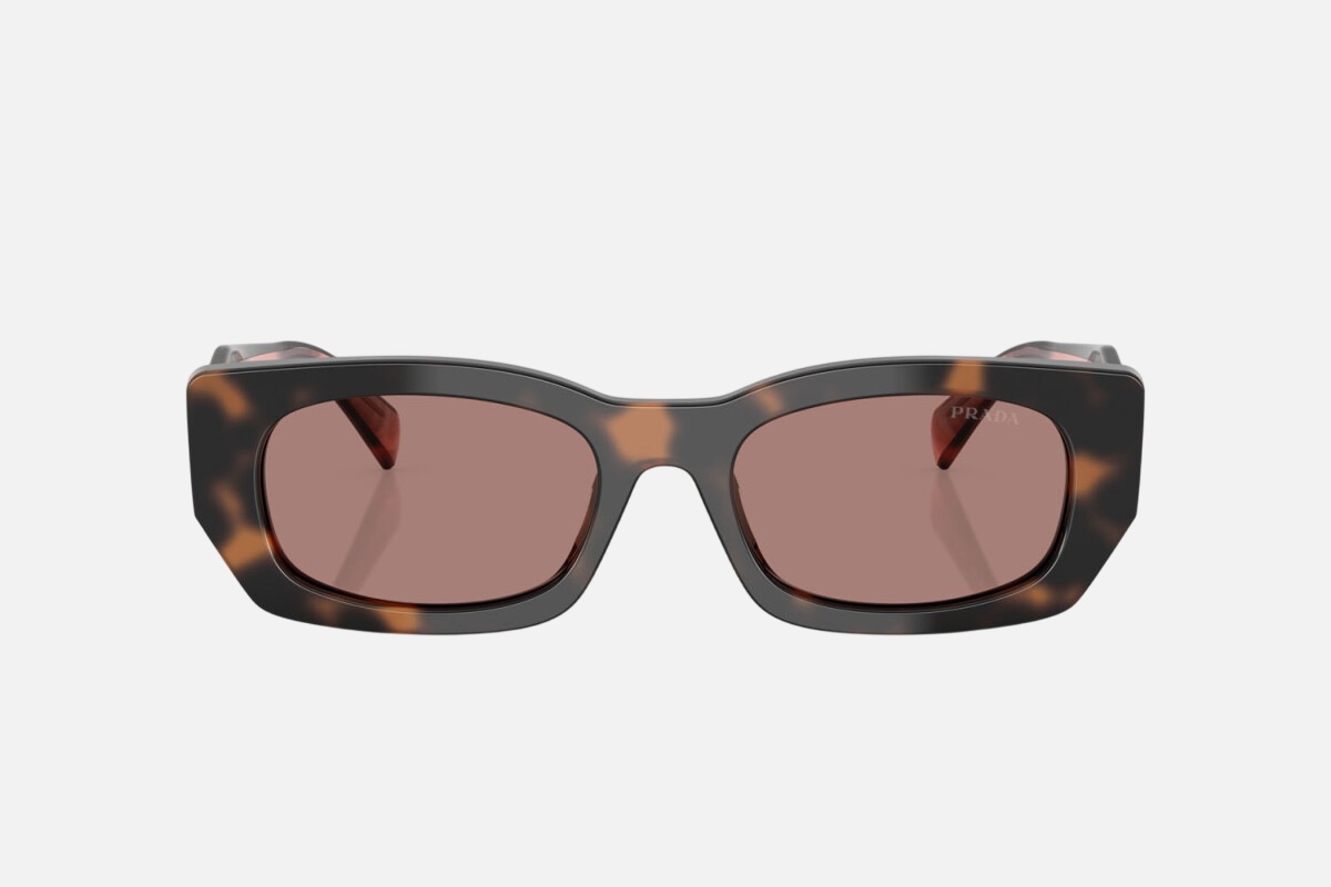 Prada PR B05S 23A60B pillow sunglasses for women in full rim acetate, with havana frame, and light brown lenses. 53mm in lens size, 19mm in bridge size, and 140mm in temple length.