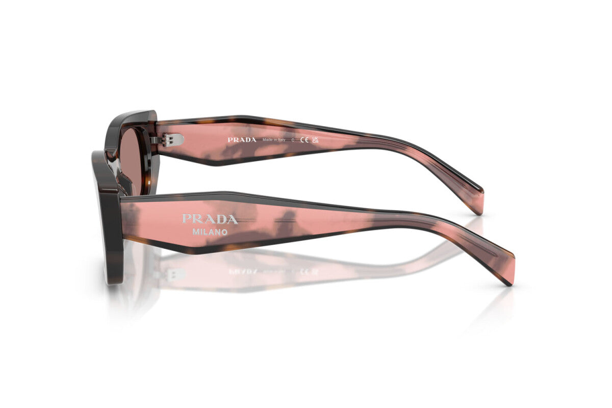 Prada PR B05S 23A60B pillow sunglasses for women in full rim acetate, with havana frame, and light brown lenses. 53mm in lens size, 19mm in bridge size, and 140mm in temple length.