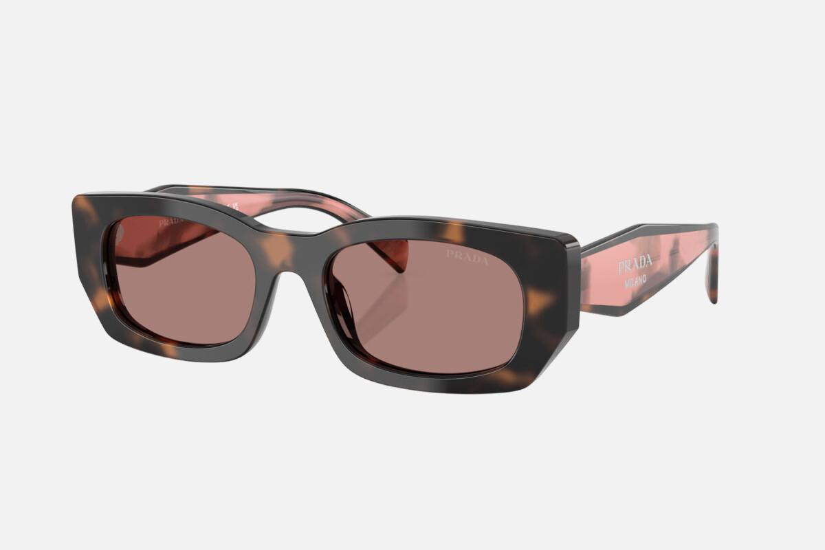 Prada PR B05S 23A60B pillow sunglasses for women in full rim acetate, with havana frame, and light brown lenses. 53mm in lens size, 19mm in bridge size, and 140mm in temple length.