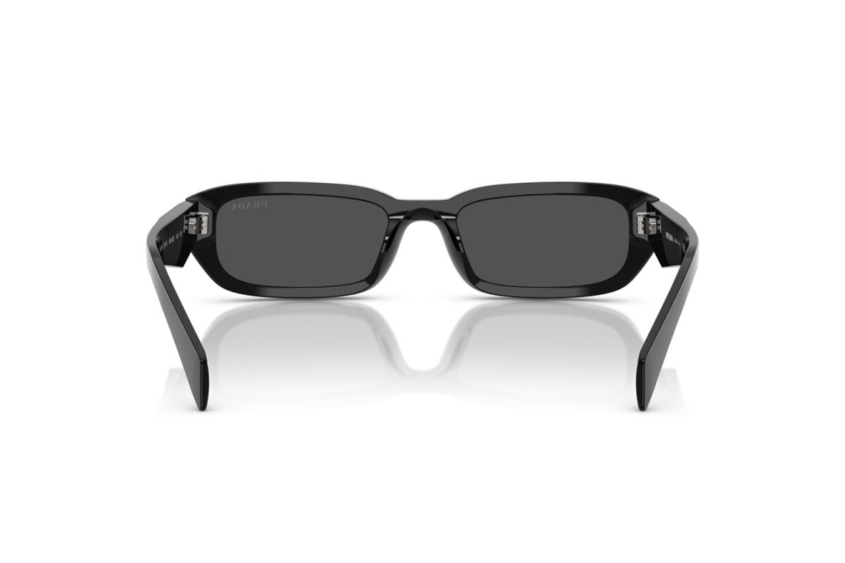 Prada PR B06S 16K08Z rectangular sunglasses for women in full rim acetate, with black frame, and dark grey lenses. 53mm in lens size, 19mm in bridge size, and 145mm in temple length.