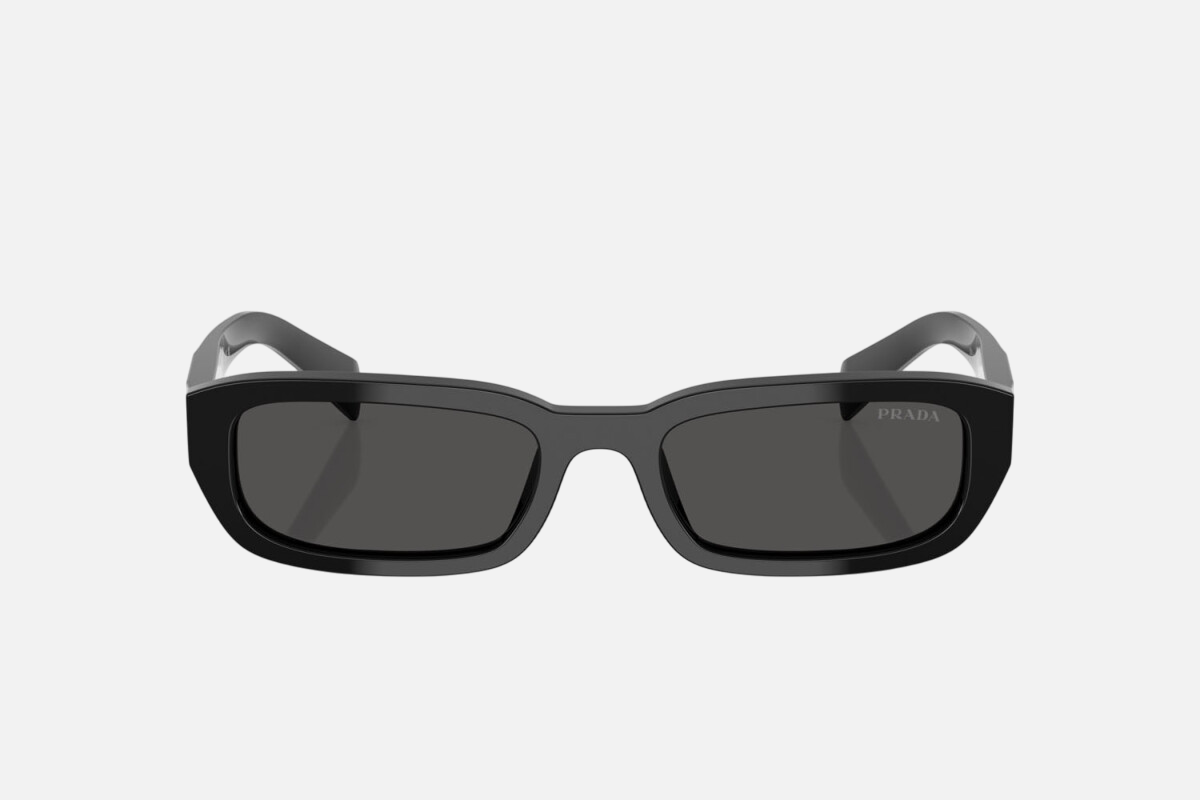 Prada PR B06S 16K08Z rectangular sunglasses for women in full rim acetate, with black frame, and dark grey lenses. 53mm in lens size, 19mm in bridge size, and 145mm in temple length.