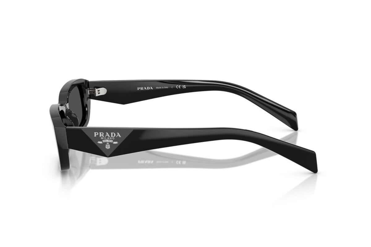 Prada PR B06S 16K08Z rectangular sunglasses for women in full rim acetate, with black frame, and dark grey lenses. 53mm in lens size, 19mm in bridge size, and 145mm in temple length.