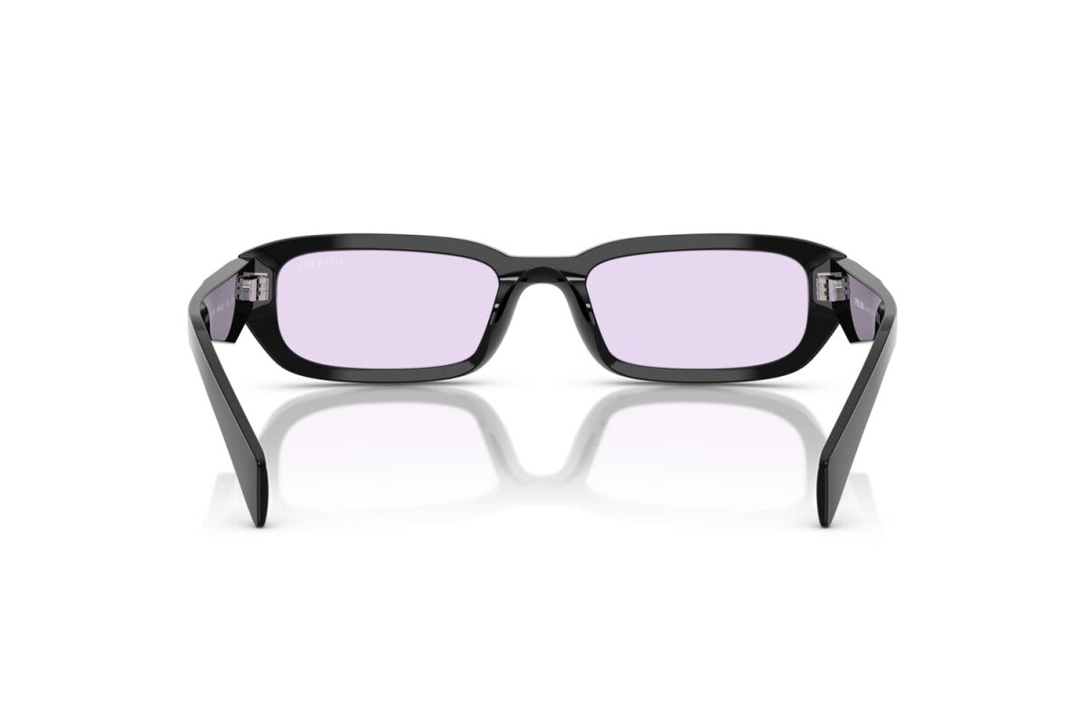 Prada PR B06S 16K40J rectangular sunglasses for women in full rim acetate, with black frame, and violet lenses. 53mm in lens size, 19mm in bridge size, and 145mm in temple length.