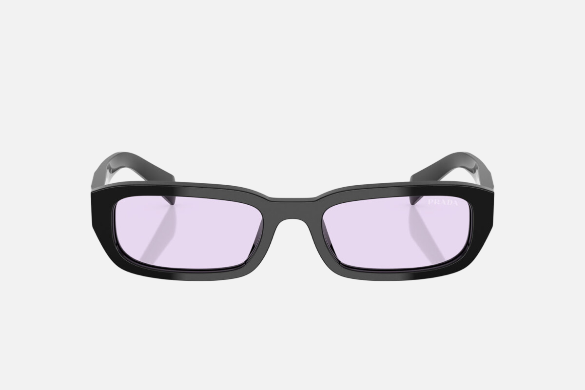 Prada PR B06S 16K40J rectangular sunglasses for women in full rim acetate, with black frame, and violet lenses. 53mm in lens size, 19mm in bridge size, and 145mm in temple length.
