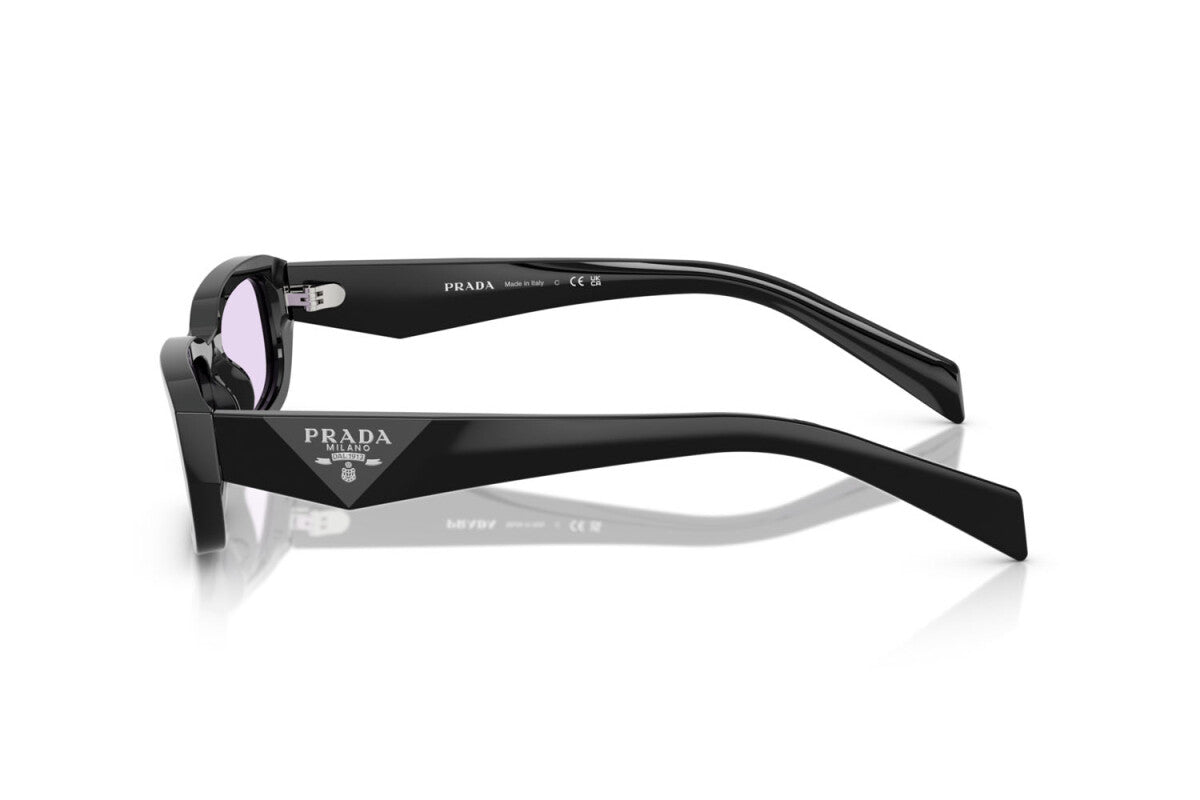 Prada PR B06S 16K40J rectangular sunglasses for women in full rim acetate, with black frame, and violet lenses. 53mm in lens size, 19mm in bridge size, and 145mm in temple length.