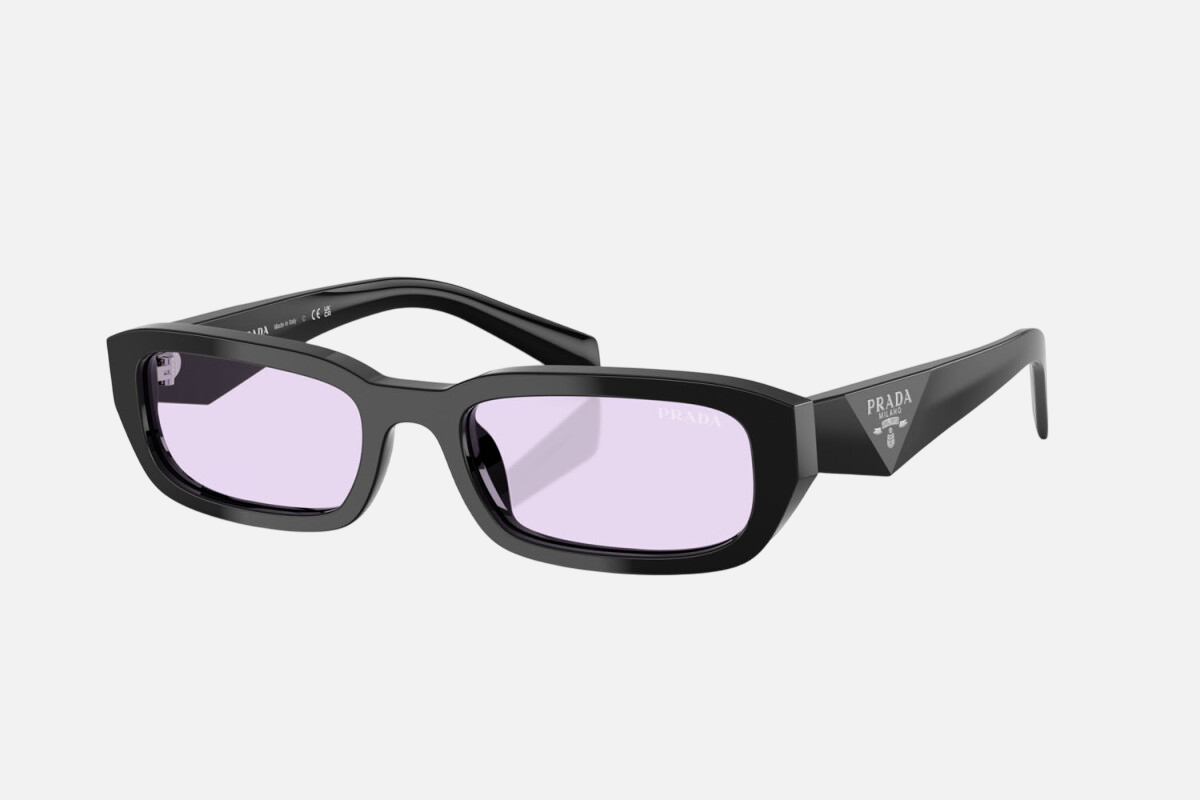 Prada PR B06S 16K40J rectangular sunglasses for women in full rim acetate, with black frame, and violet lenses. 53mm in lens size, 19mm in bridge size, and 145mm in temple length.