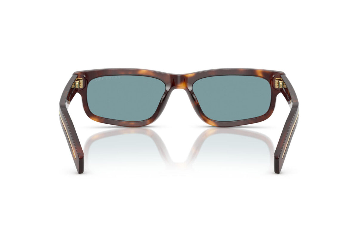Prada PR B11S 15W04D rectangular sunglasses for men in full rim acetate, with havana frame, and green lenses. 55mm in lens size, 17mm in bridge size, and 145mm in temple length.