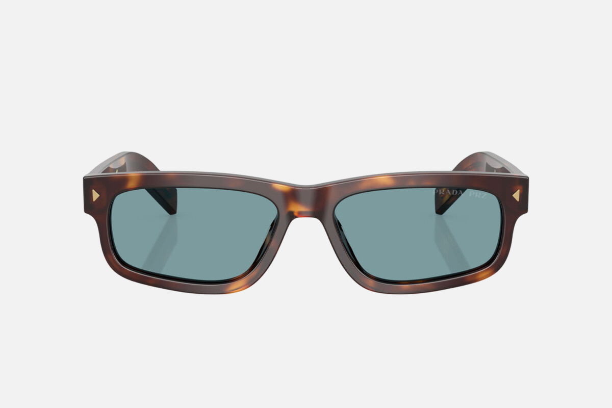 Prada PR B11S 15W04D rectangular sunglasses for men in full rim acetate, with havana frame, and green lenses. 55mm in lens size, 17mm in bridge size, and 145mm in temple length.