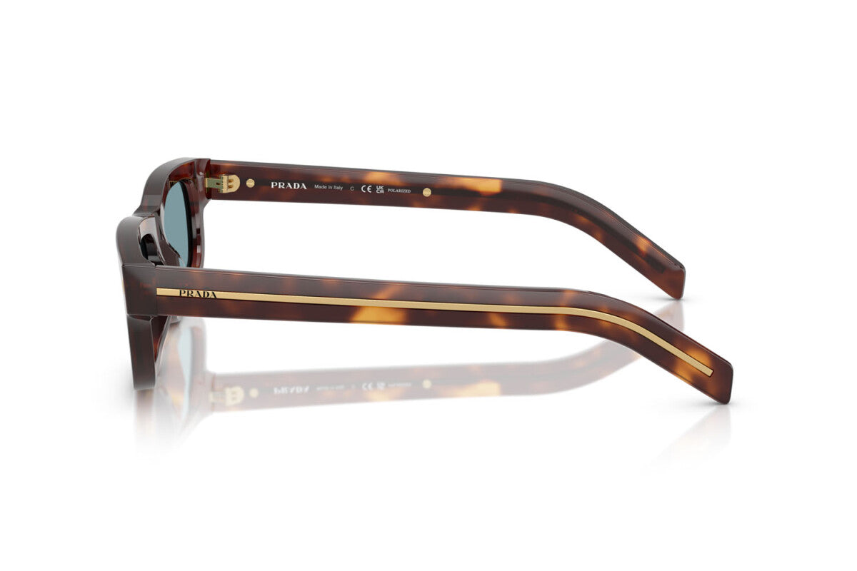 Prada PR B11S 15W04D rectangular sunglasses for men in full rim acetate, with havana frame, and green lenses. 55mm in lens size, 17mm in bridge size, and 145mm in temple length.