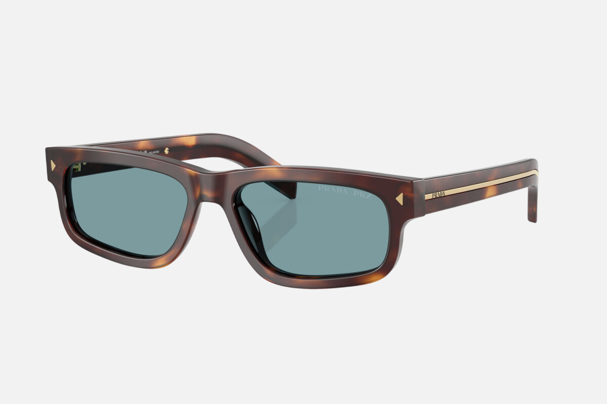 Prada PR B11S 15W04D rectangular sunglasses for men in full rim acetate, with havana frame, and green lenses. 55mm in lens size, 17mm in bridge size, and 145mm in temple length.