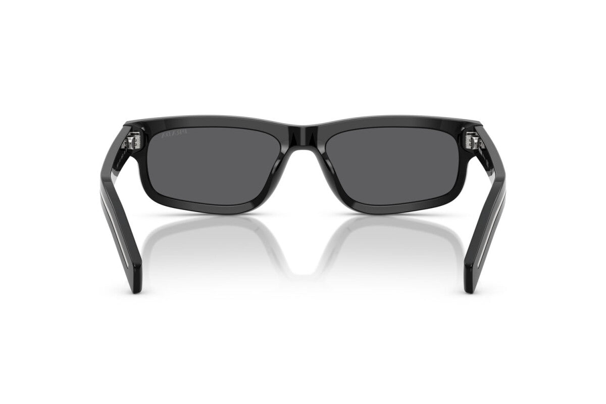 Prada PR B11S 16K731 rectangular sunglasses for men in full rim acetate, with black frame, and dark grey lenses. 55mm in lens size, 17mm in bridge size, and 145mm in temple length.