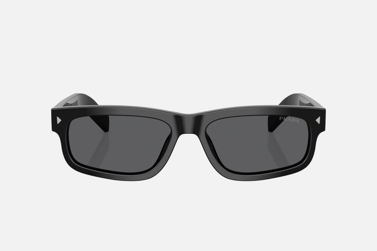 Prada PR B11S 16K731 rectangular sunglasses for men in full rim acetate, with black frame, and dark grey lenses. 55mm in lens size, 17mm in bridge size, and 145mm in temple length.
