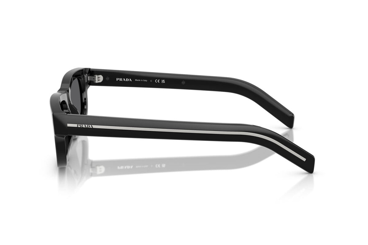 Prada PR B11S 16K731 rectangular sunglasses for men in full rim acetate, with black frame, and dark grey lenses. 55mm in lens size, 17mm in bridge size, and 145mm in temple length.