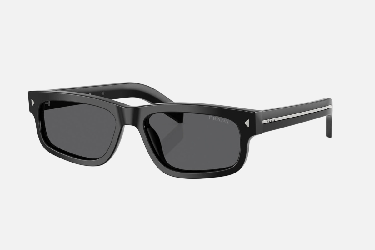 Prada PR B11S 16K731 rectangular sunglasses for men in full rim acetate, with black frame, and dark grey lenses. 55mm in lens size, 17mm in bridge size, and 145mm in temple length.