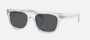 Prada PR B12S 12R07T square sunglasses for men in full rim acetate, with transparent grey frame, and dark blue lenses. 55mm in lens size, 19mm in bridge size, and 145mm in temple length.