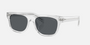 Prada PR B12S 12R07T square sunglasses for men in full rim acetate, with transparent grey frame, and dark blue lenses. 55mm in lens size, 19mm in bridge size, and 145mm in temple length.