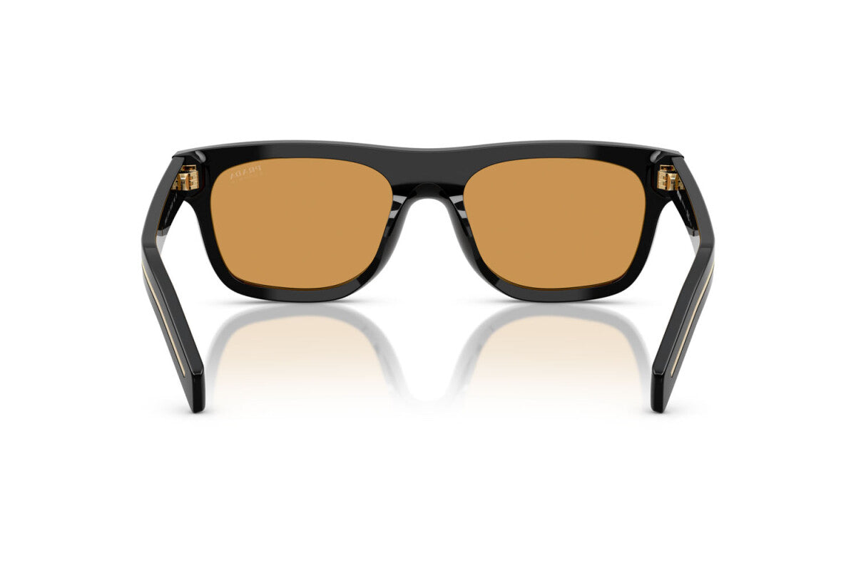 Prada PR B12S 16K60F square sunglasses for men in full rim acetate, with black frame, and photochromic brown lenses. 55mm in lens size, 19mm in bridge size, and 145mm in temple length.