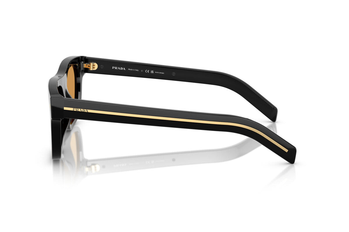 Prada PR B12S 16K60F square sunglasses for men in full rim acetate, with black frame, and photochromic brown lenses. 55mm in lens size, 19mm in bridge size, and 145mm in temple length.