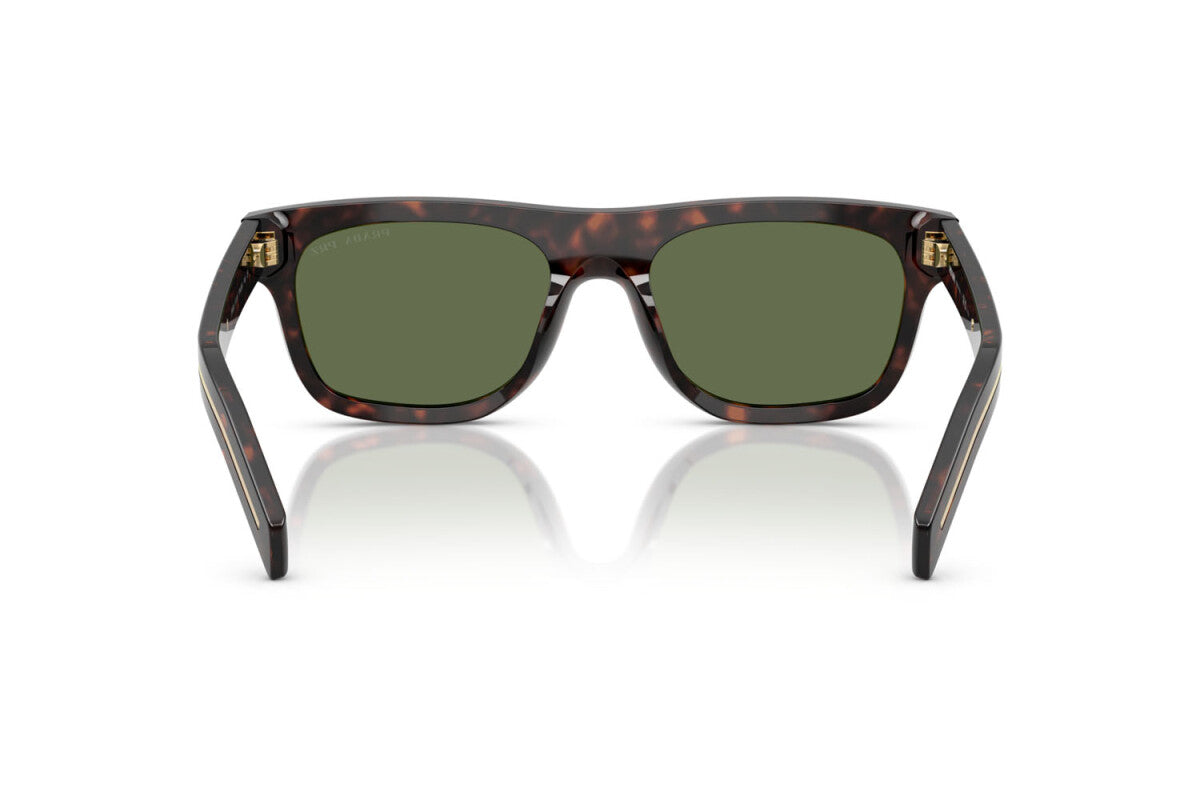 Prada PR B12S 17N20G square sunglasses for men in full rim acetate, with havana frame, and green lenses. 55mm in lens size, 19mm in bridge size, and 145mm in temple length.